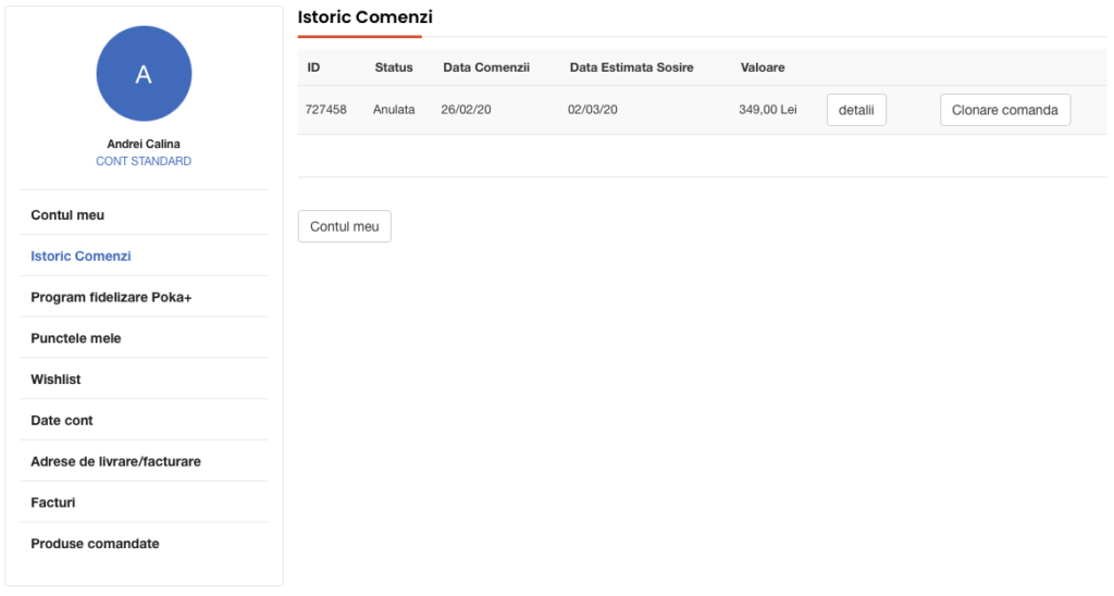 Istoric comenzi cont client POKA